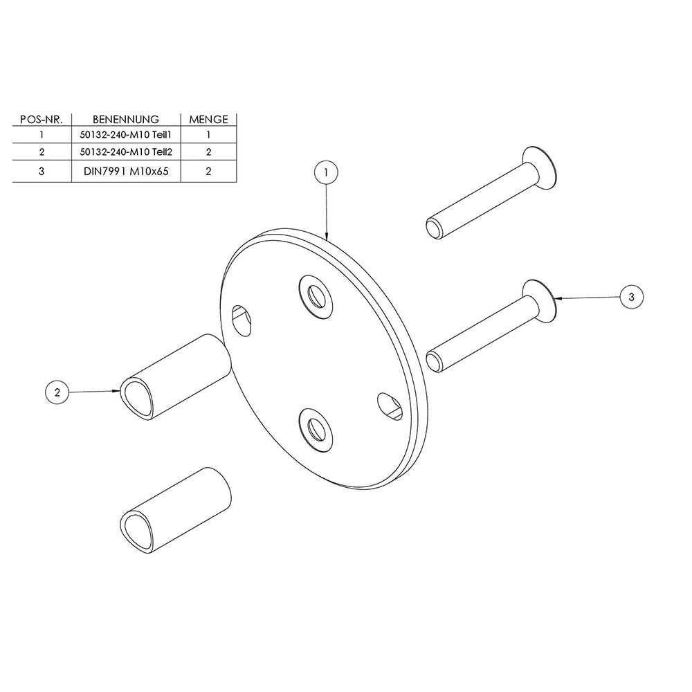 Wandanker mit M10 x 70 Schrauben für Geländerpfosten, Platte 120 x 8mm, für 42,4mm Rohr
