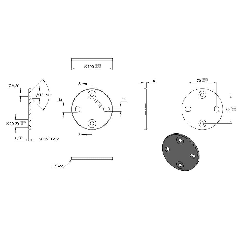 Grundplatte für Wandhalter, ø 100 x 6mm mit Fase