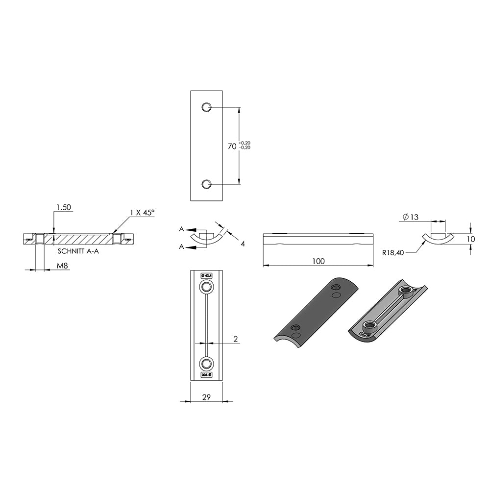Verstärkungsplatte für Geländerpfosten/Wandbefestigungen, mit zwei M8 Bohrungen (Abstand 70mm)