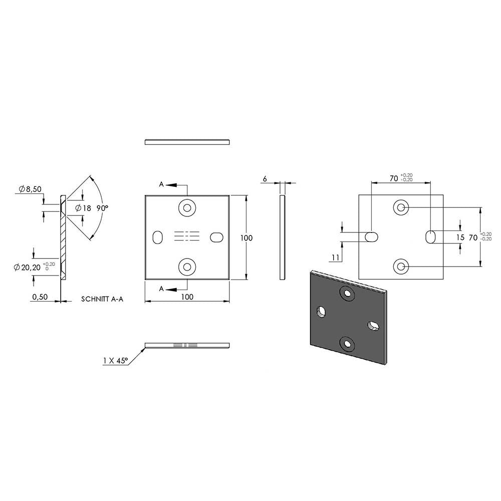 Grundplatte für Wandhalter, 100 x 100 x 6mm mit Fase