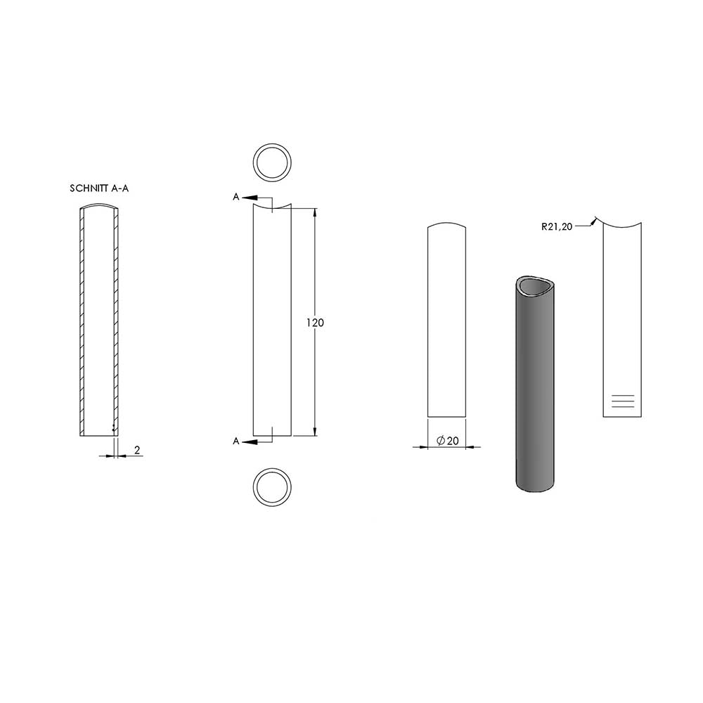 Distanzhülse ø 20 x 2mm, Länge 120mm, einseitig ausgefräst für Rohr ø 42,4mm