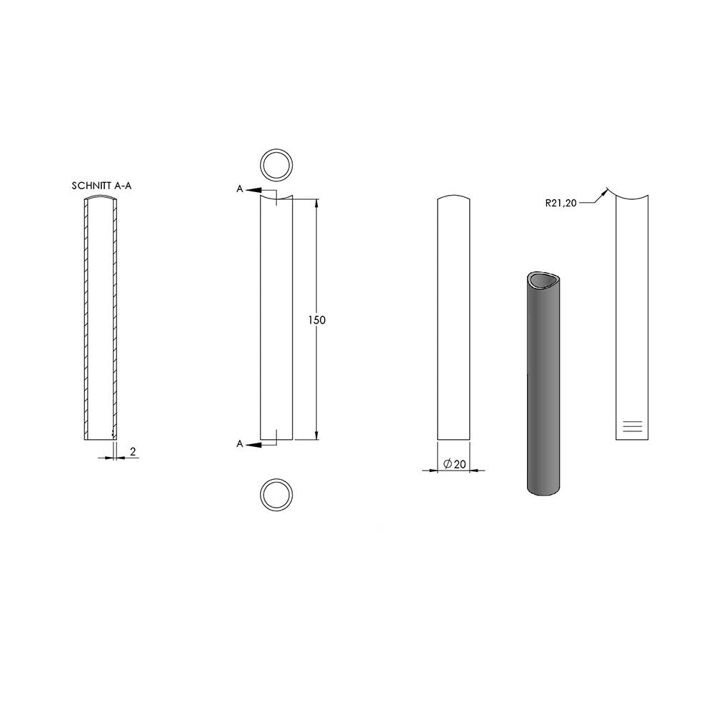 Distanzhülse ø 20 x 2mm, Länge 150mm, einseitig ausgefräst für Rohr ø 42,4mm