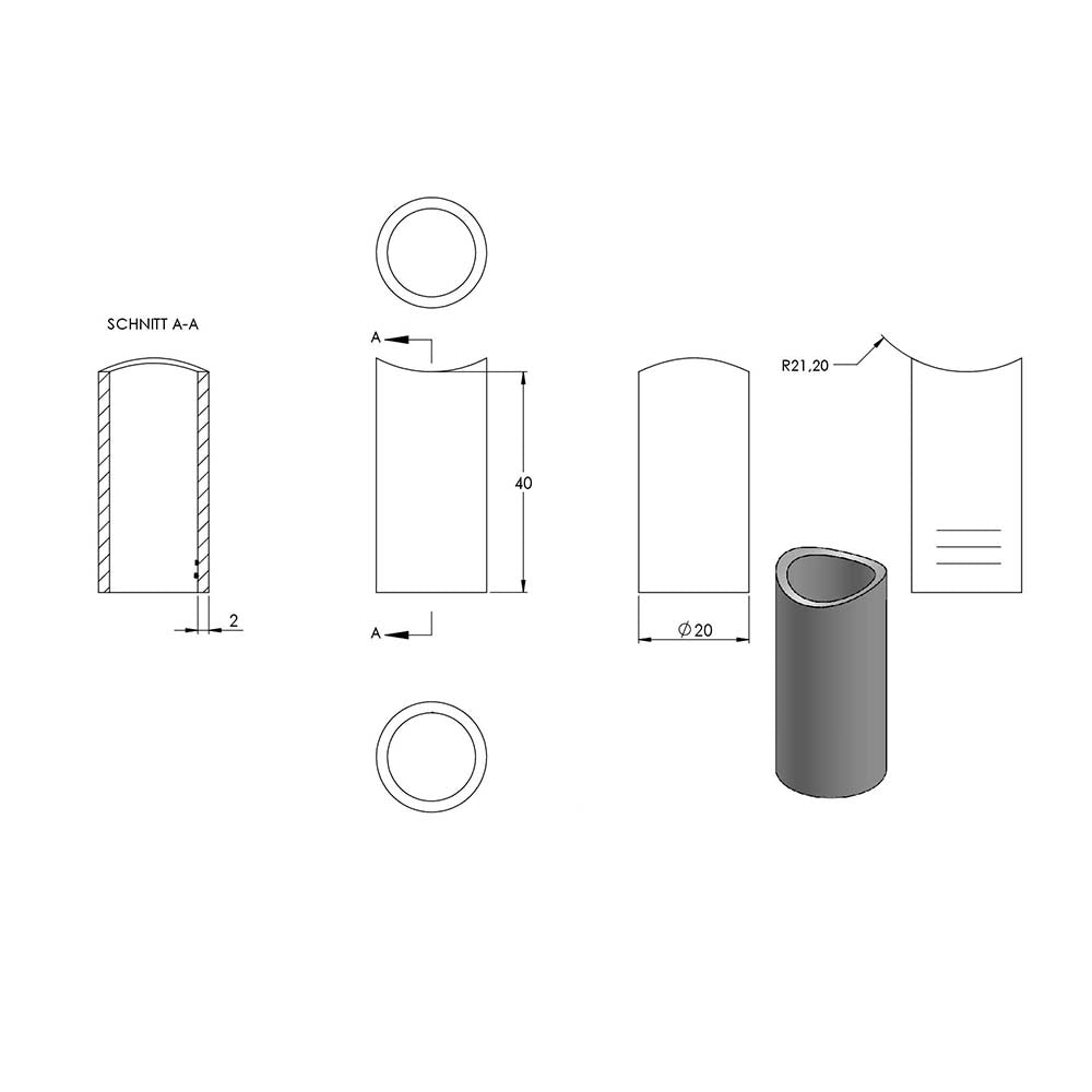 Distanzhülse ø 20 x 2mm, Länge 40mm, einseitig ausgefräst für Rohr ø 42,4mm
