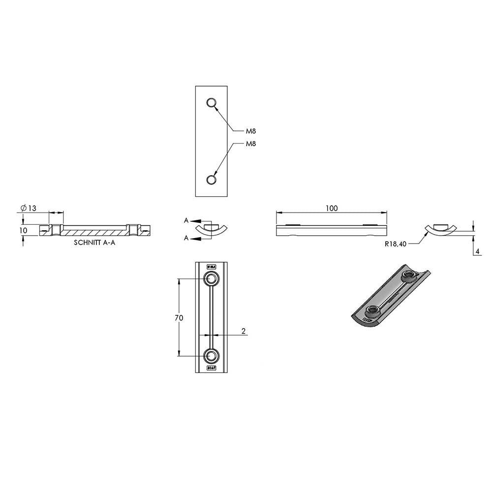 Verstärkungsplatte für Geländerpfosten/Wandbefestigungen, mit zwei M8 Bohrungen (Abstand 70mm), in V4A