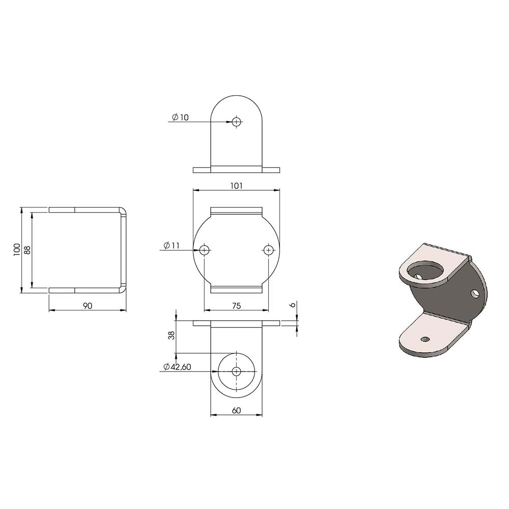 Wandbefestigung zum Anschweißen für Geländerpfosten, Platte 101 x 100 x 6mm, für 42,4mm Rohr