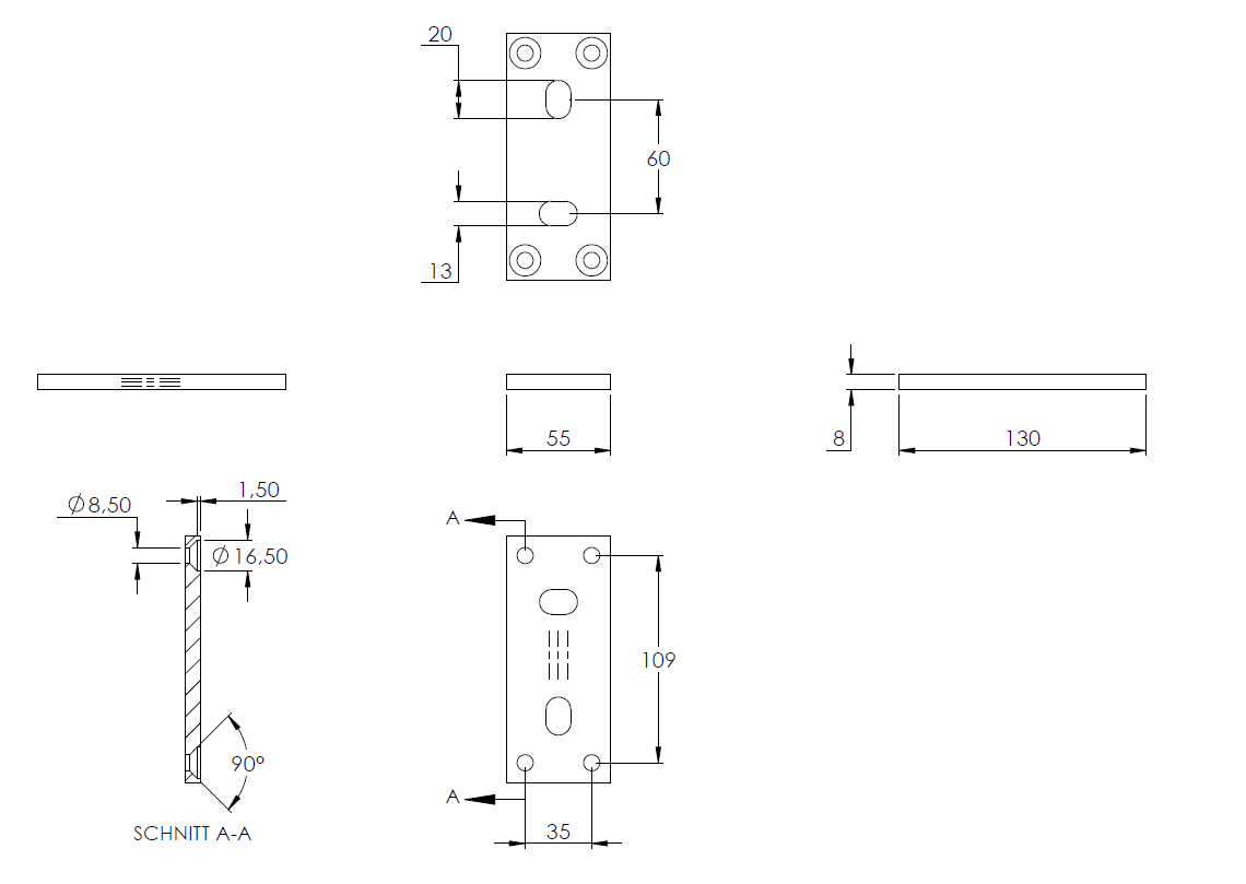 Ankerplatte 130 x 55mm, Stärke 8mm, mit zwei 20 x 13mm Langlöchern und vier ø 8,5mm Bohrungen, für Spannringe