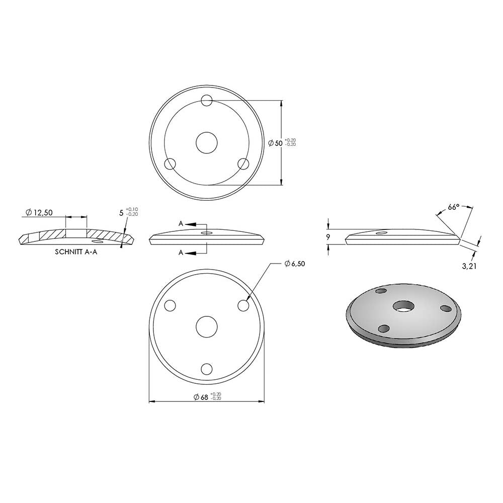 Handlaufhalter zur Wandbefestigung mit verschraubter Ronde 68 x 5mm, mit M6 Senkkopfschraube und 3 x 6,5mm Bohrungen