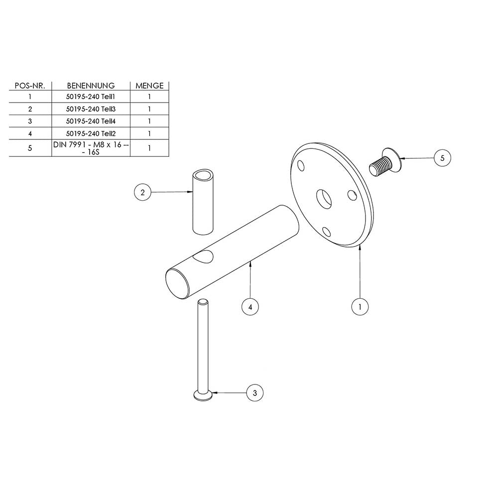 Handlaufhalter zur Wandbefestigung mit verschraubter Ronde 68 x 5mm, mit M6 Senkkopfschraube und 3 x 6,5mm Bohrungen
