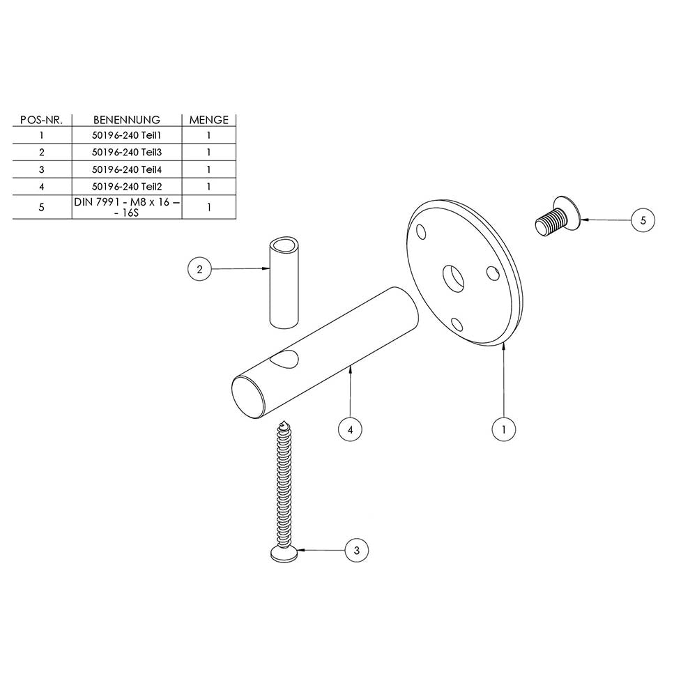Handlaufhalter zur Wandbefestigung mit verschraubter Ronde 68 x 5mm, mit M6 Holzschraube und 3 x 6,5mm Bohrungen
