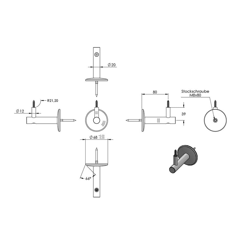 Handlaufhalter zur Wandbefestigung mit verschraubter Ronde 68 x 5mm, mit M6 Holzschraube, inkl. M8 x 80mm Stockschraube