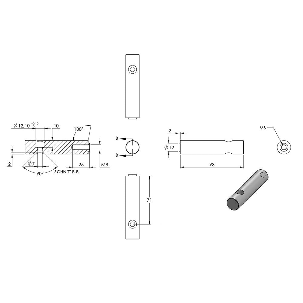 Handlaufhalter zur Wandbefestigung mit verschraubter Ronde 68 x 5mm, mit M6 Holzschraube, inkl. M8 x 80mm Stockschraube