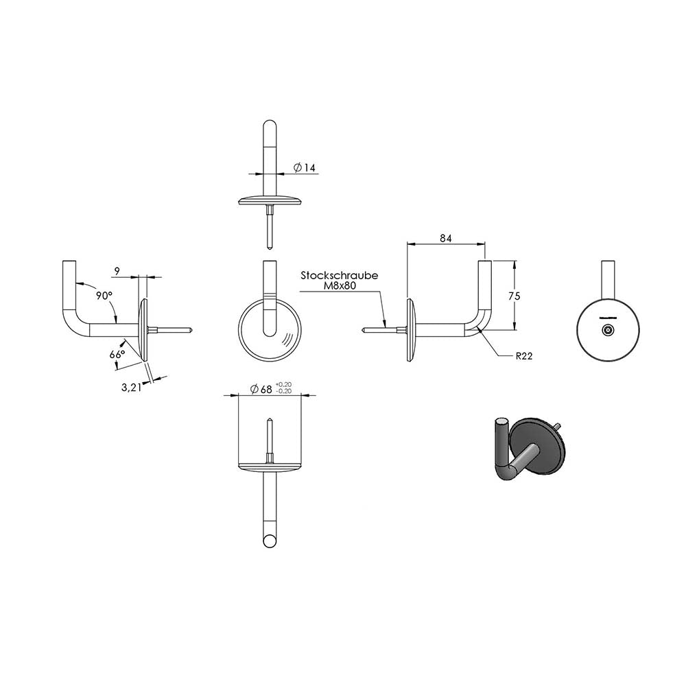Handlaufhalter zur Wandbefestigung mit verschraubter Ronde flach 70 x 5mm, mit M8 Innengewinde inkl. M8 x 80mm Stockschraube, zum Anschweißen