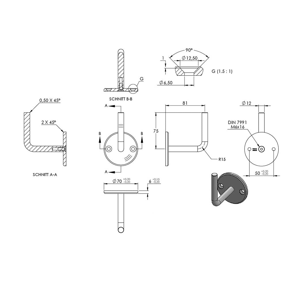 Handlaufhalter zur Wandbefestigung mit verschraubter Ronde 70 x 6mm, zum Anschweißen