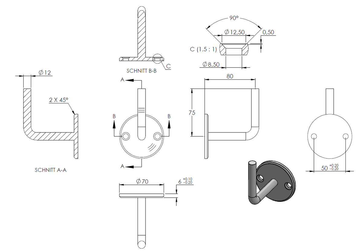 Handlaufhalter zur Wandbefestigung mit verschweißter Ronde 70 x 6mm, zum Anschweißen