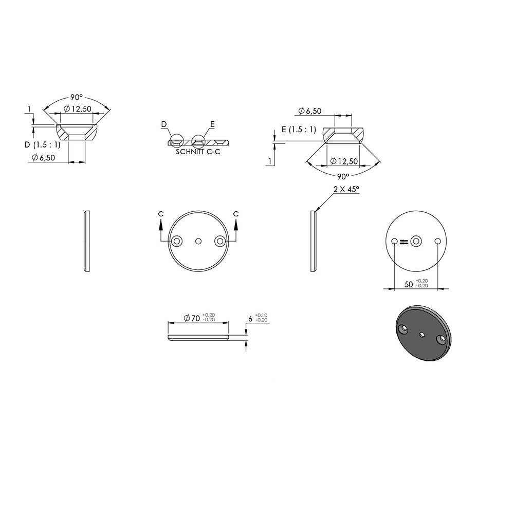 Handlaufhalter zur Wandbefestigung mit verschraubter Ronde 70 x 6mm, zum Anschweißen in V4A