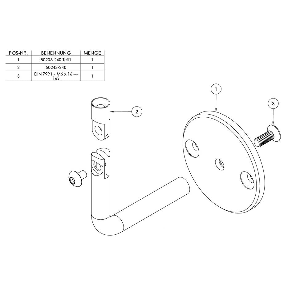 Handlaufhalter flexibel zur Wandbefestigung, mit verschraubter Ronde 70 x 6mm, mit Innengewinde M6 und ø 12mm Bügel