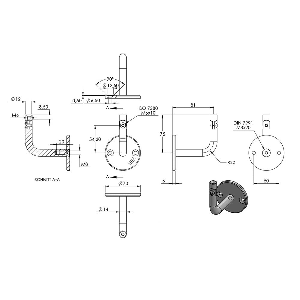 Handlaufhalter flexibel zur Wandbefestigung, mit verschraubter Ronde 70 x 6mm, mit Innengewinde M6 und ø 14mm Bügel
