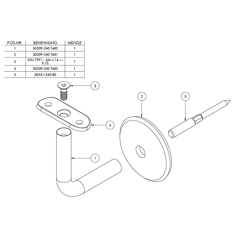 Handlaufhalter zur Wandbefestigung mit Ronde 68 x 5mm, für Rohr ø 42,4mm, inkl. M8 x 80mm Stockschraube, Wandabstand 80mm