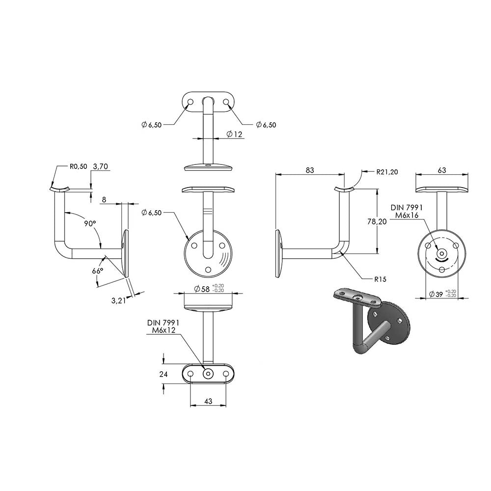 Handlaufhalter zur Wandbefestigung mit verschrauber Ronde 58 x 4mm, für Rohr ø 42,4mm