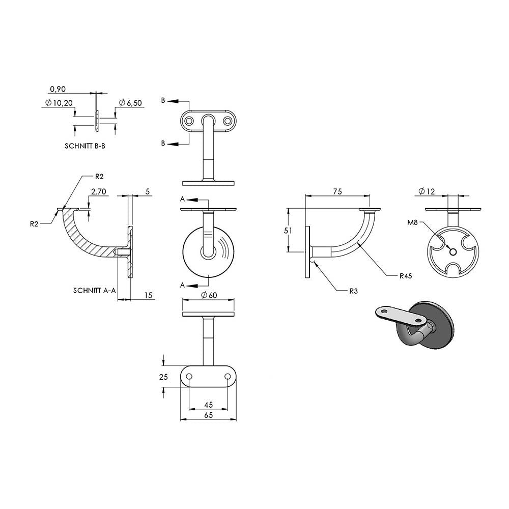 Handlaufhalter zur Wandbefestigung, mit verschweißter Ronde 60 x 5mm mit M8 Innengewinde, für Vierkantrohr