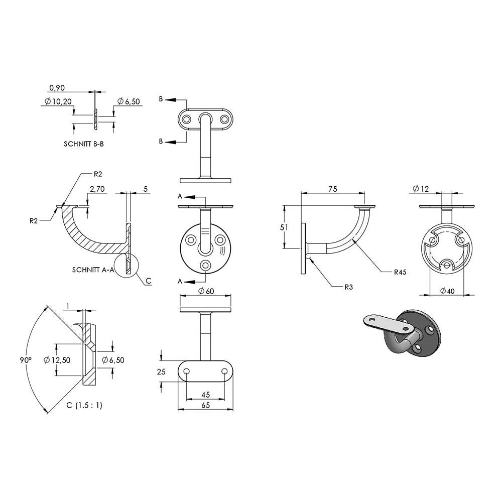 Handlaufhalter zur Wandbefestigung mit verschweißter Ronde 60 x 5mm, für Vierkantrohr