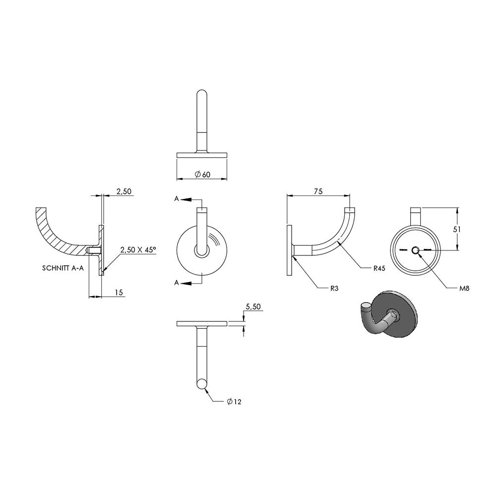 Handlaufhalter zur Wandbefestigung mit verschweißter Ronde flach 60 x 5mm, mit M8 Innengewinde, zum Anschweißen