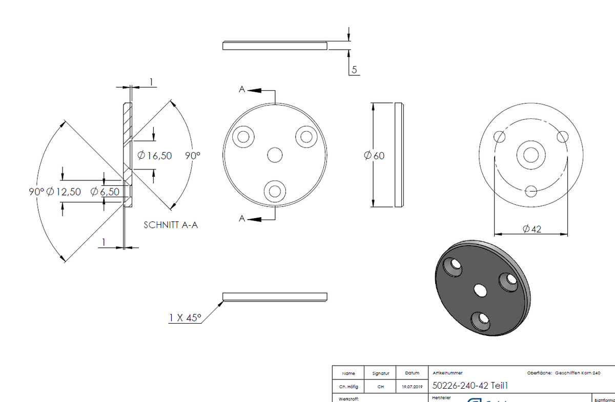 Handlaufhalter zur Wandbefestigung mit verschraubter Ronde 60 x 5mm, für Vierkantrohr, in V4A