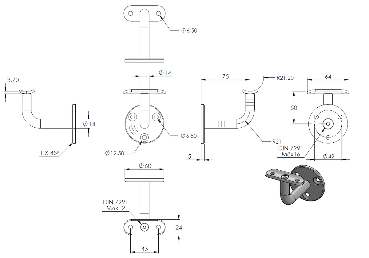 Handlaufhalter zur Wandbefestigung mit verschraubter Ronde 60 x 5mm, für Rohr ø 42,4mm