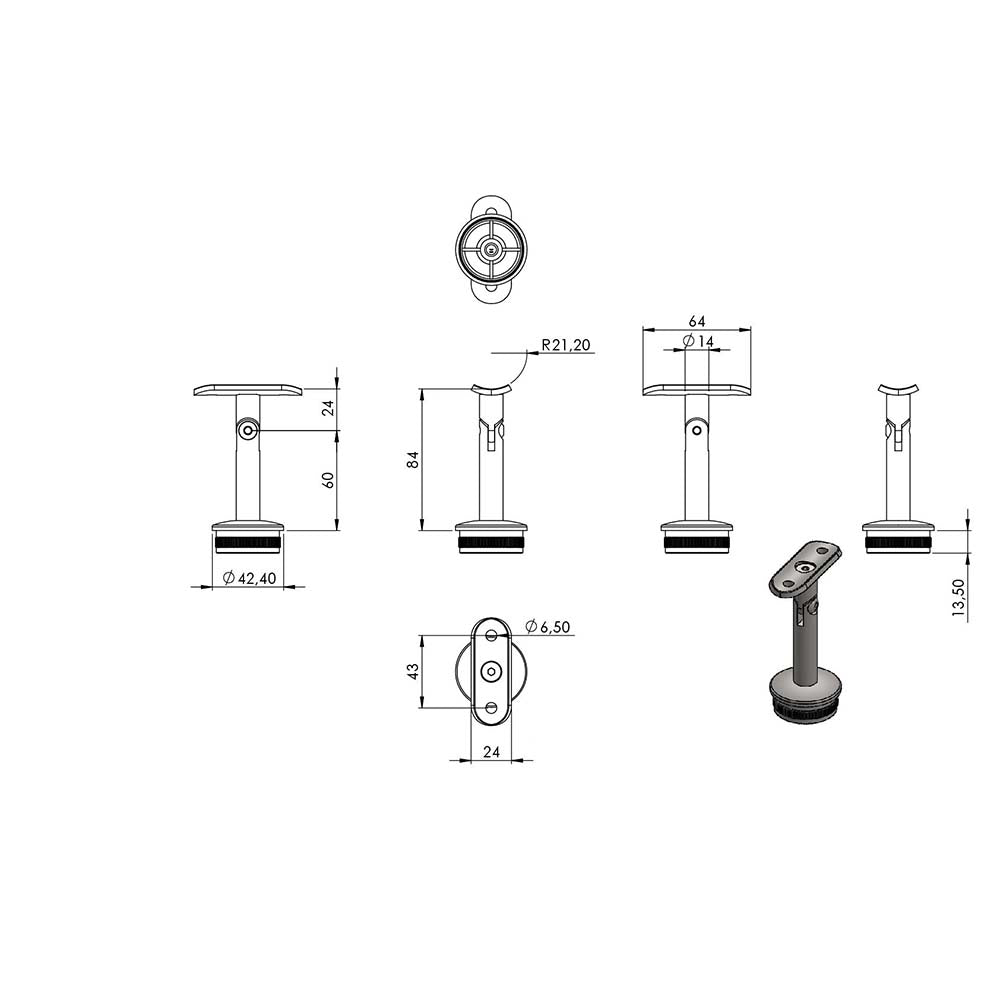Handlaufstütze flexibel, verschraubt, zur Montage eines ø 42,4mm Handlauf auf einen ø 42,4mm Pfosten, zum Einschlagen