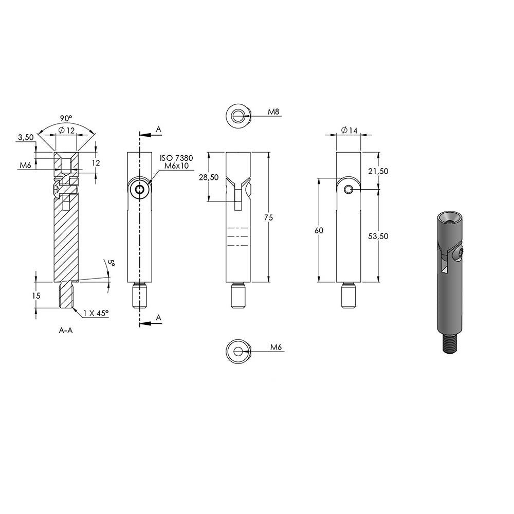 ø 14mm Stift mit Gelenk, mit M8 x 15mm Außengewinde unten und M6 x 15mm Innengewinde oben, Länge 76mm