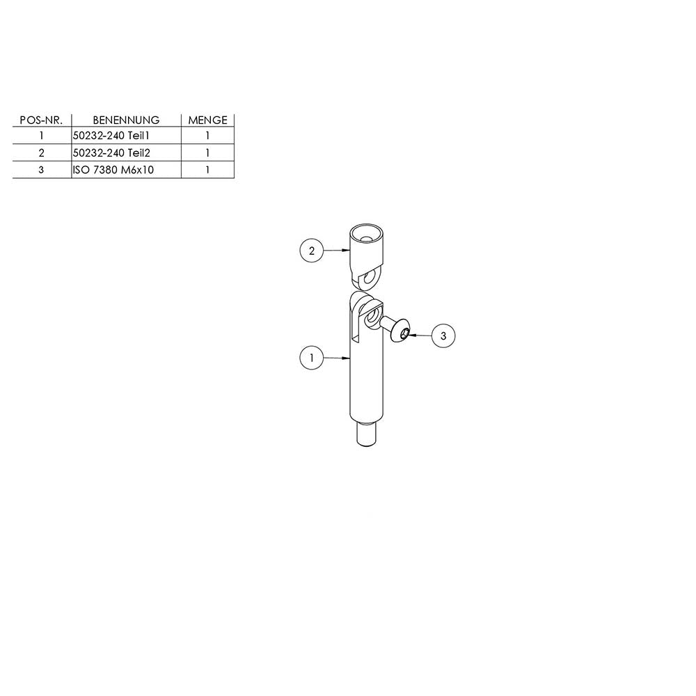 ø 14mm Stift mit Gelenk, mit M8 x 15mm Außengewinde unten und M6 x 15mm Innengewinde oben, Länge 76mm