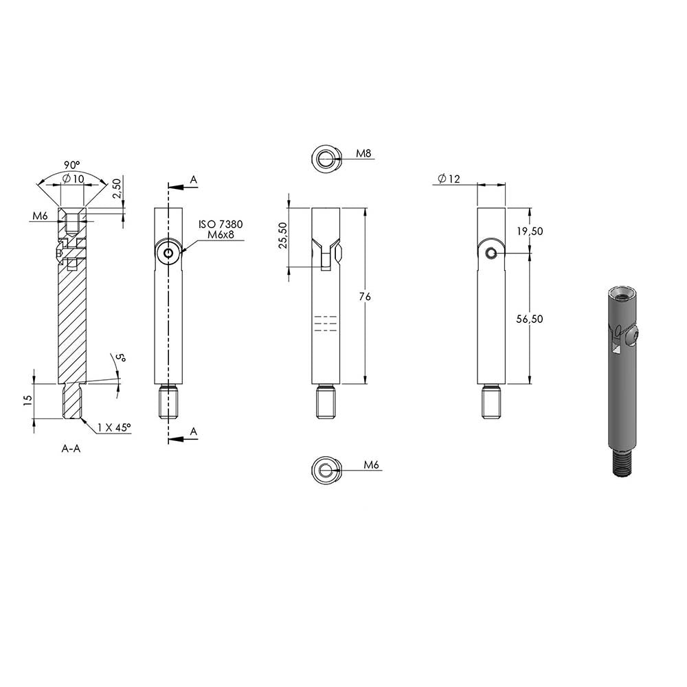ø 12mm Stift mit Gelenk, mit M8 x 15mm Außengewinde unten und M6 x 15mm Innengewinde oben, Länge 76mm