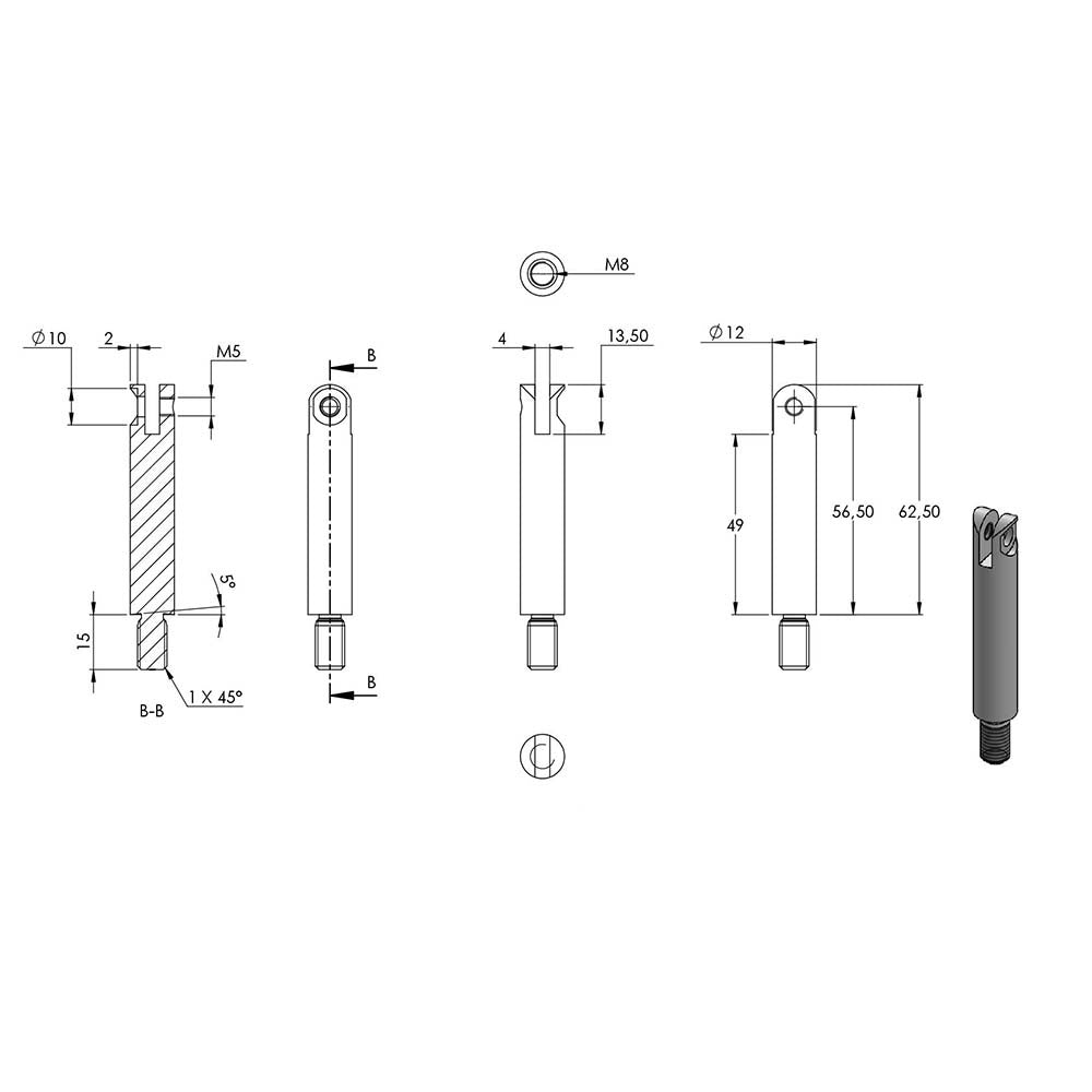 ø 12mm Stift mit Gelenk, mit M8 x 15mm Außengewinde unten und M6 x 15mm Innengewinde oben, Länge 76mm