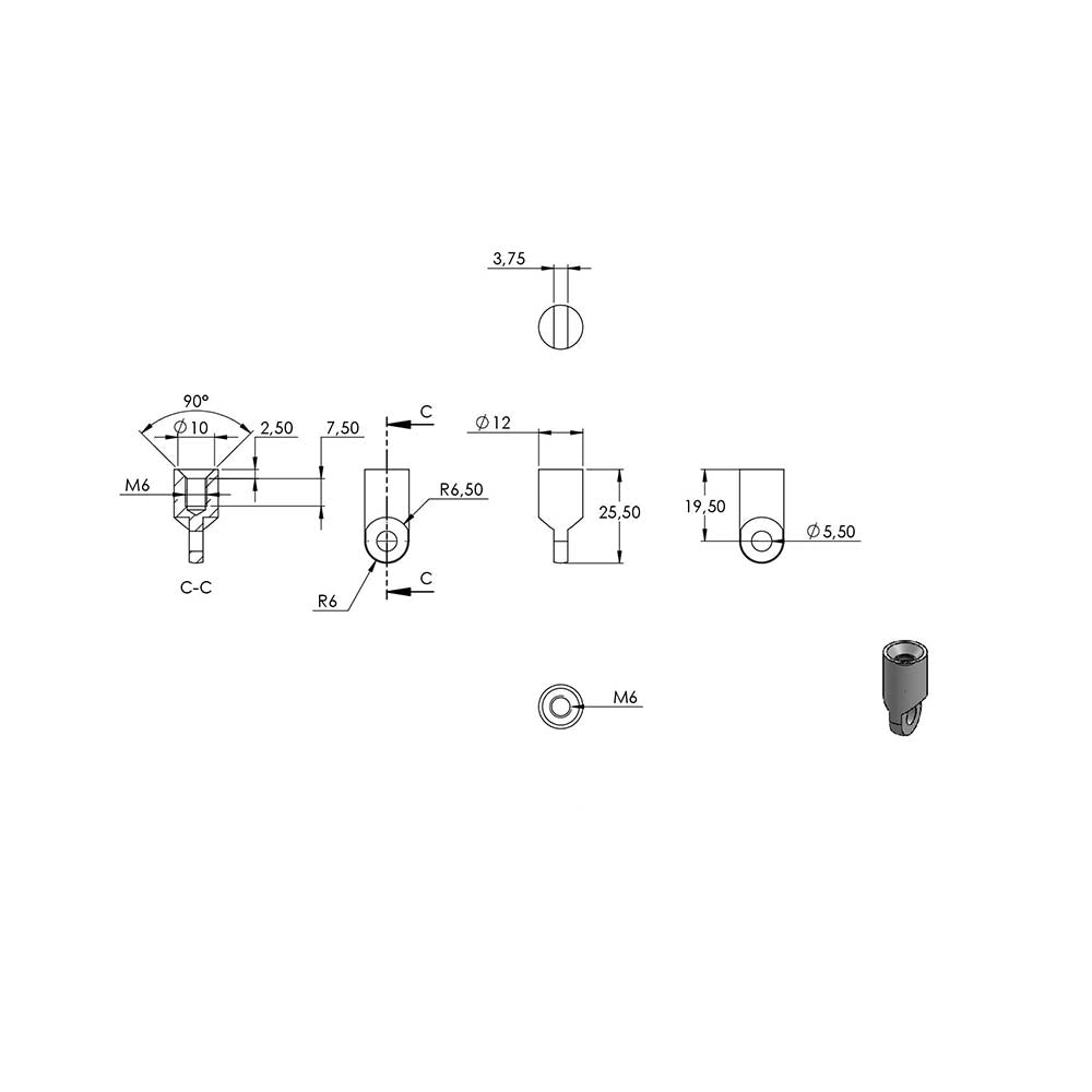 ø 12mm Stift mit Gelenk, mit M8 x 15mm Außengewinde unten und M6 x 15mm Innengewinde oben, Länge 76mm
