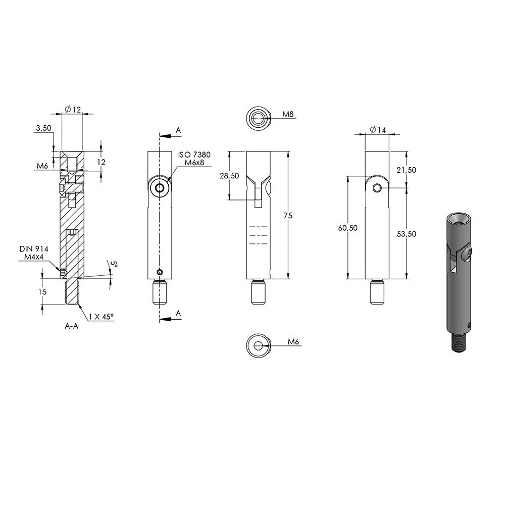 ø 14mm Stift 360° drehbar und 140° verstellbar, mit M8 x 15mm Außengewinde unten und M6 x 15mm Innengewinde oben, Länge 76mm