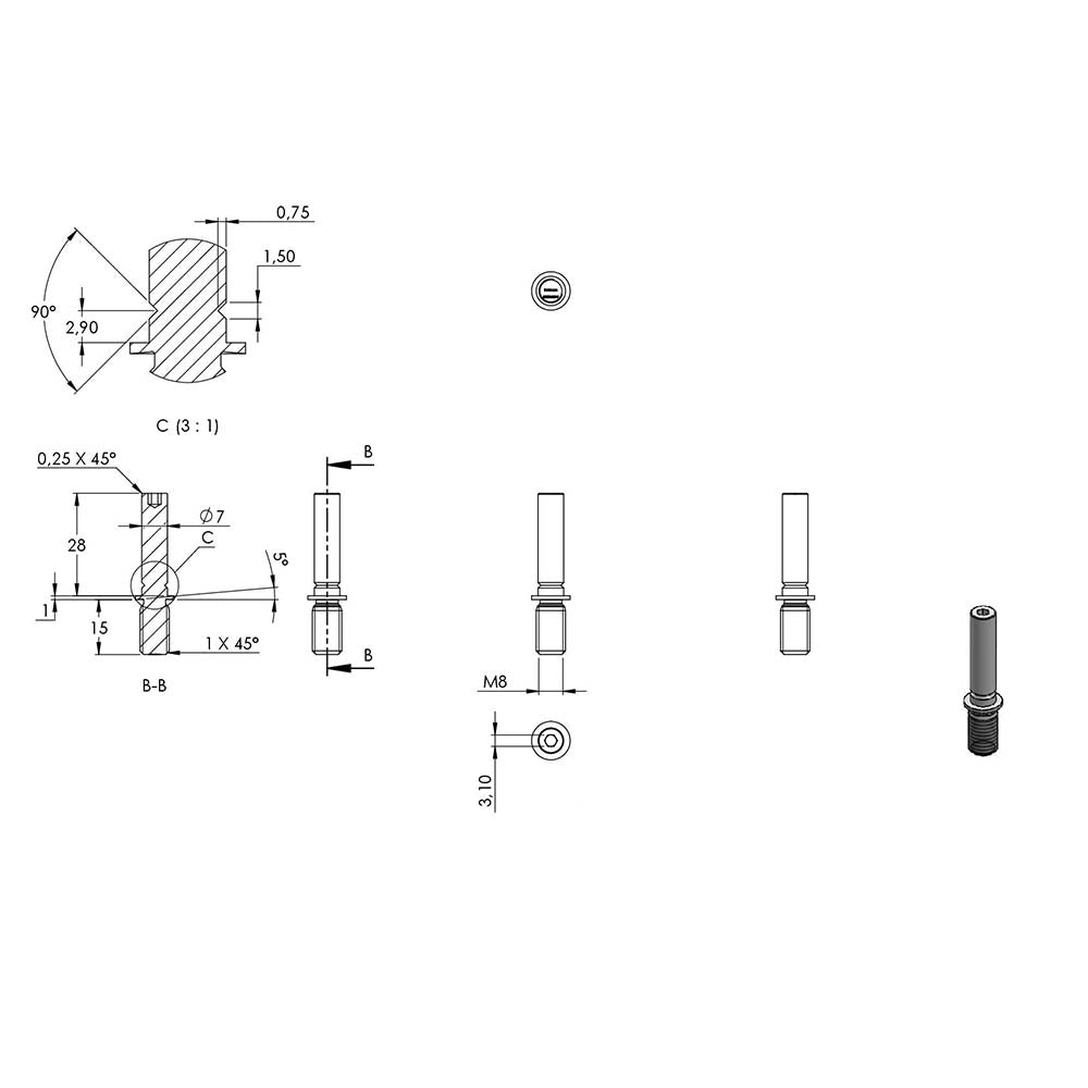 ø 14mm Stift 360° drehbar und 140° verstellbar, mit M8 x 15mm Außengewinde unten und M6 x 15mm Innengewinde oben, Länge 76mm