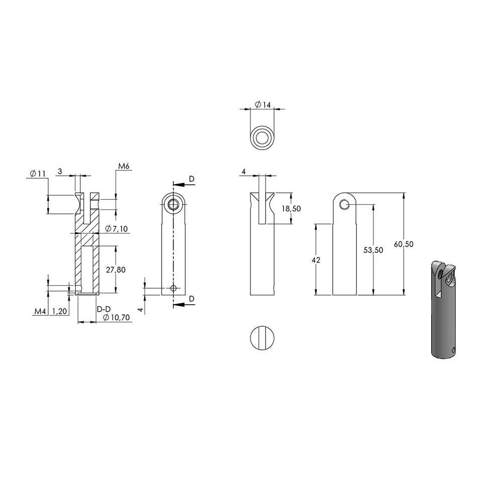 ø 14mm Stift 360° drehbar und 140° verstellbar, mit M8 x 15mm Außengewinde unten und M6 x 15mm Innengewinde oben, Länge 76mm