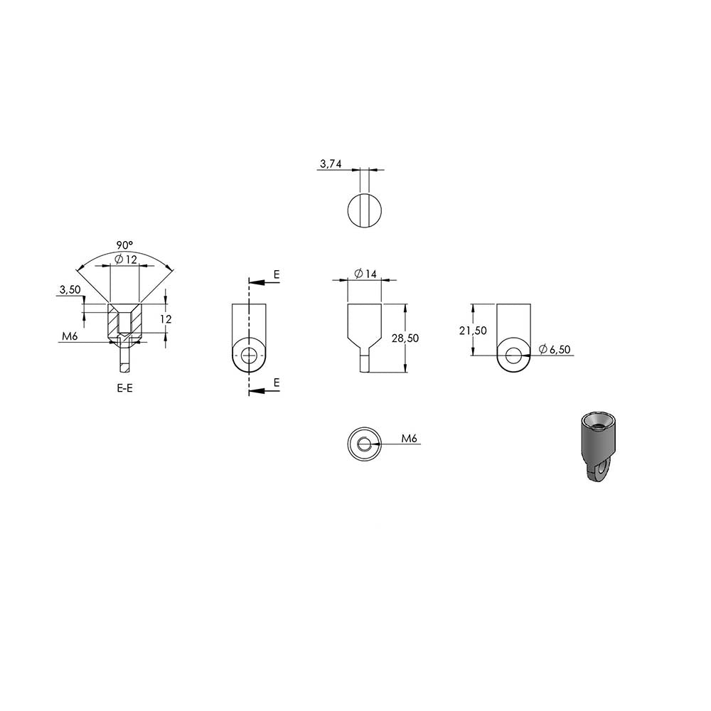 ø 14mm Stift 360° drehbar und 140° verstellbar, mit M8 x 15mm Außengewinde unten und M6 x 15mm Innengewinde oben, Länge 76mm