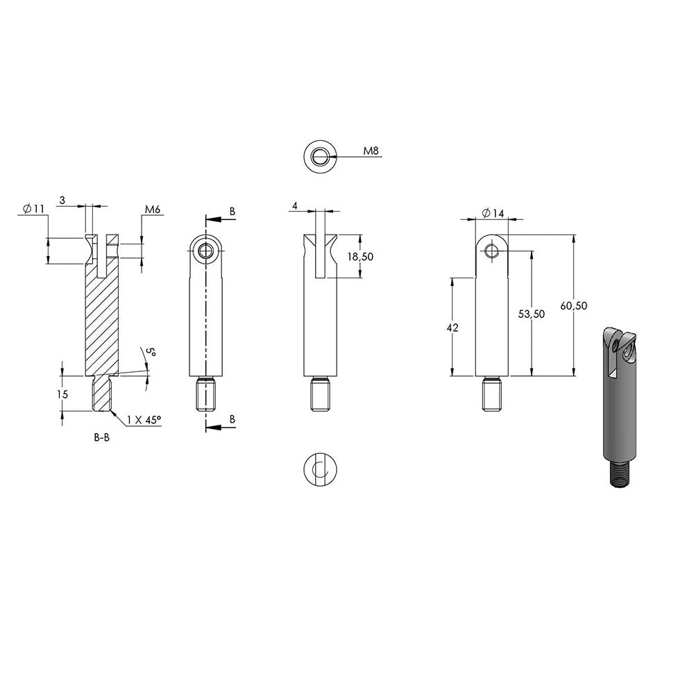 ø 14mm Stift mit Gelenk, mit M8 x 15mm Außengewinde unten und M6 x 15mm Innengewinde oben, Länge 76mm, in V4A