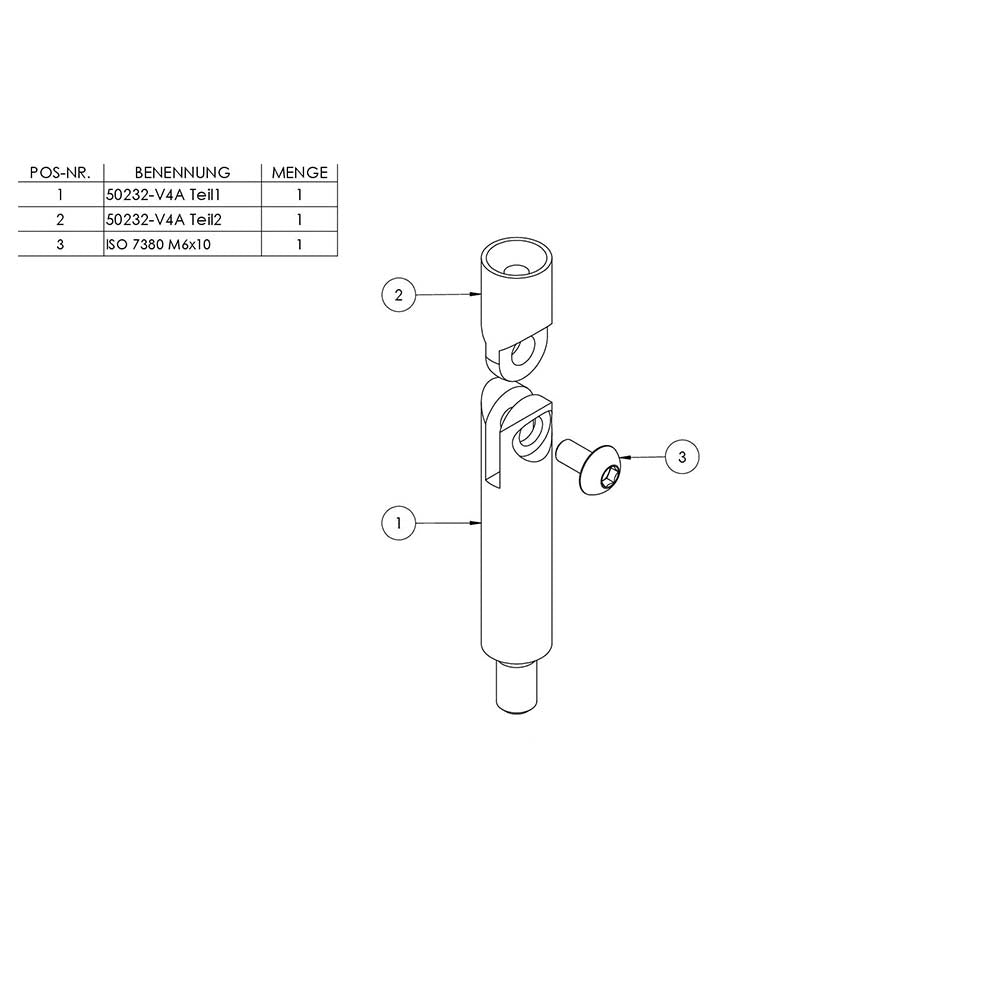 ø 14mm Stift mit Gelenk, mit M8 x 15mm Außengewinde unten und M6 x 15mm Innengewinde oben, Länge 76mm, in V4A