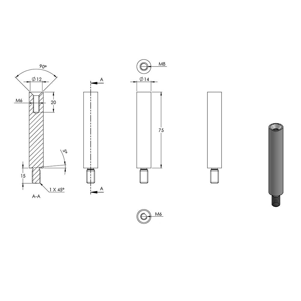 ø 14mm Stift, mit M8 x 15mm Außengewinde unten und M6 x 15mm Innengewinde oben, Länge 75mm, in V4A