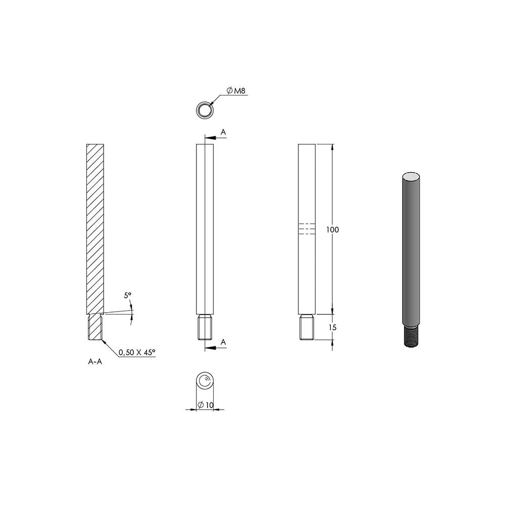 ø 10mm Stift, mit M8 x 15mm Außengewinde unten, zum Anschweißen oben, Länge 100mm