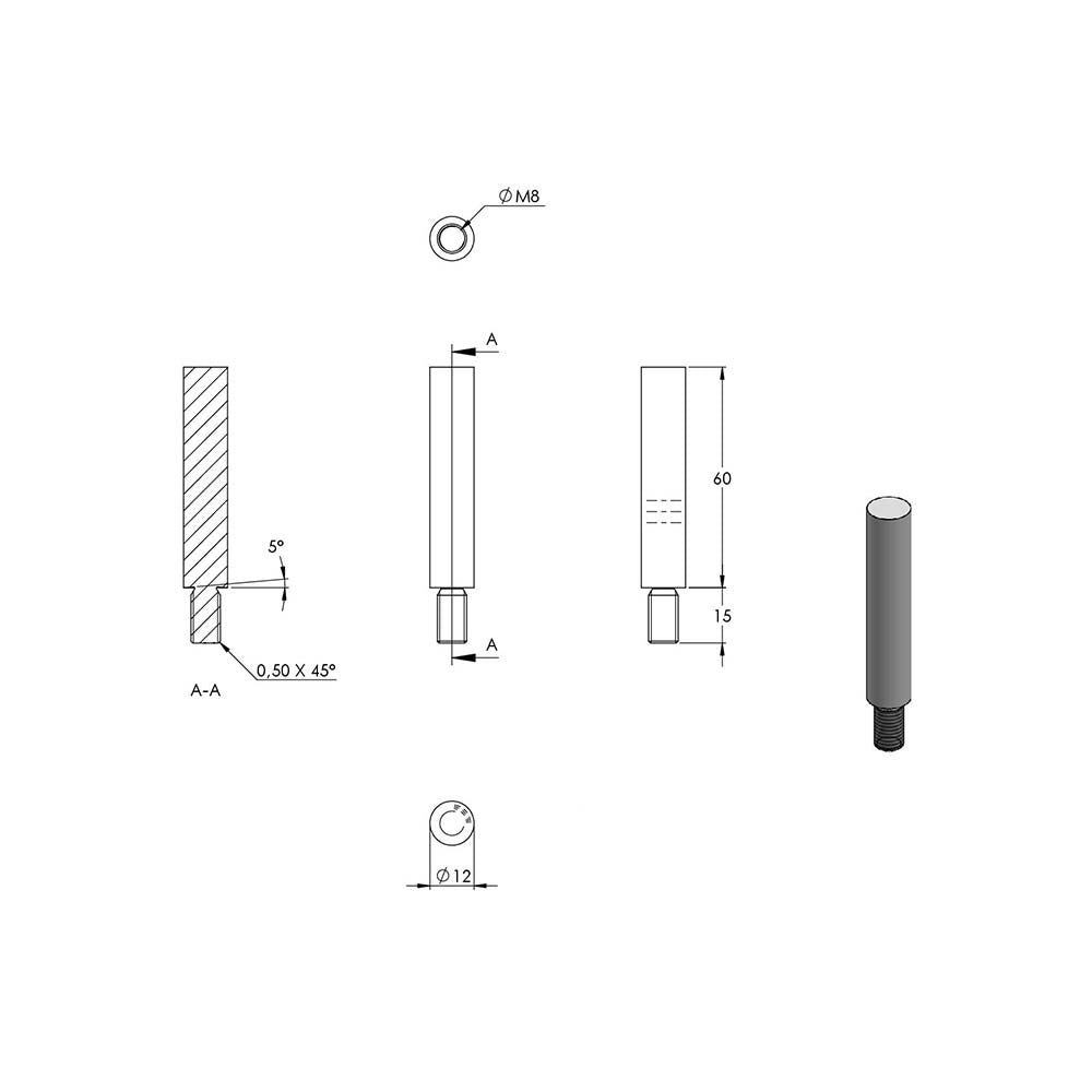 ø 12mm Stift, mit M8 x 15mm Außengewinde unten, zum Anschweißen oben, Länge 60mm