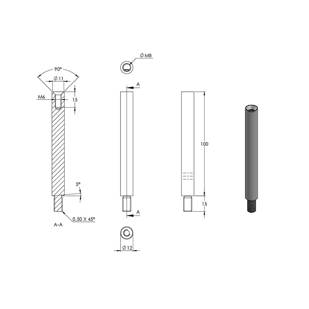 ø 12mm Stift, mit M8 x 15mm Außengewinde unten und M6 x 15mm Innengewinde oben, Länge 100mm