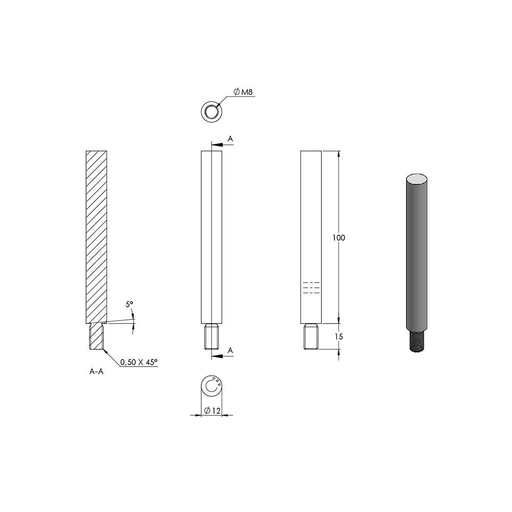 ø 12mm Stift, mit M8 x 15mm Außengewinde unten, zum Anschweißen oben, Länge 100mm, in V4A
