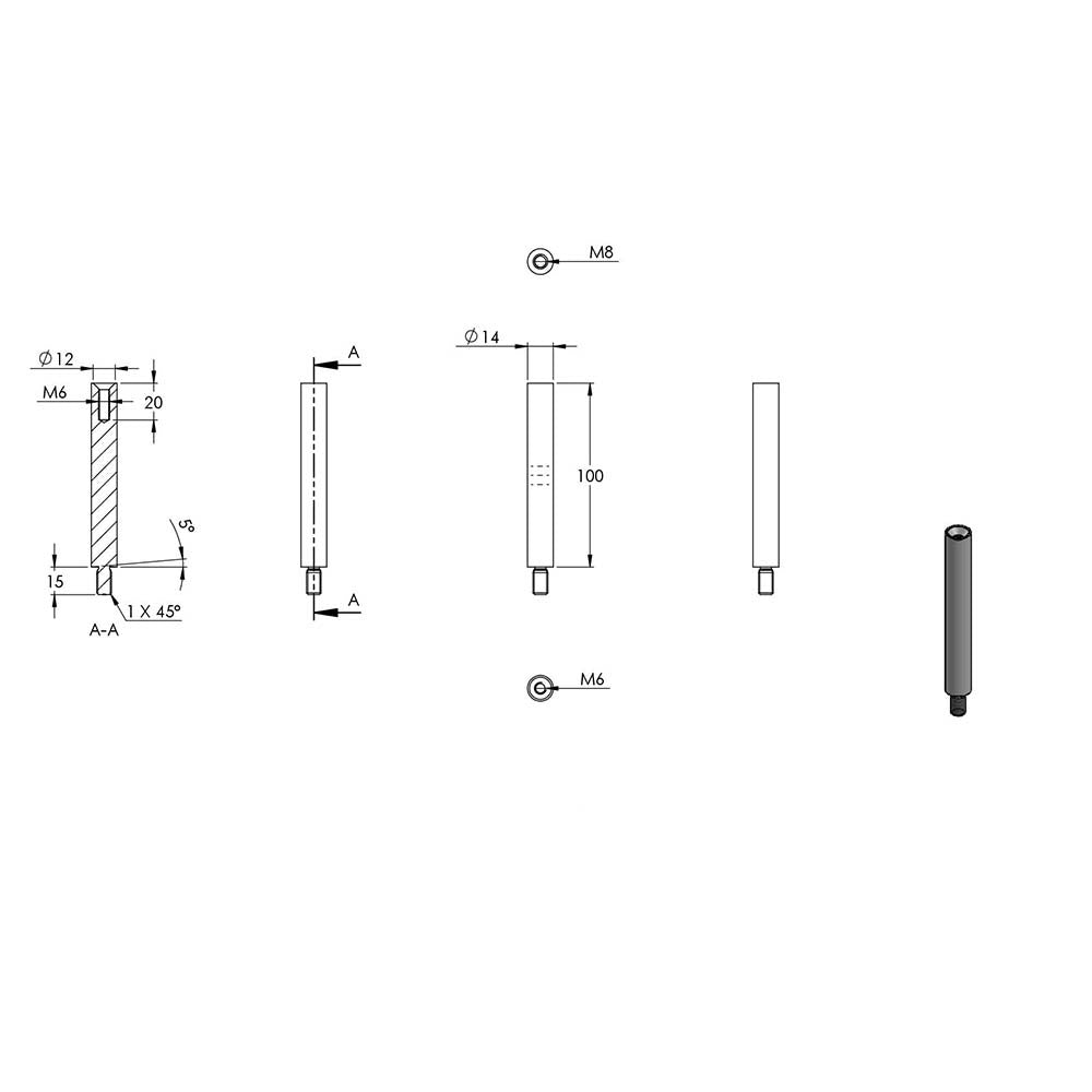 ø 14mm Stift, mit M8 x 15mm Außengewinde unten und M6 x 15mm Innengewinde oben, Länge 100mm