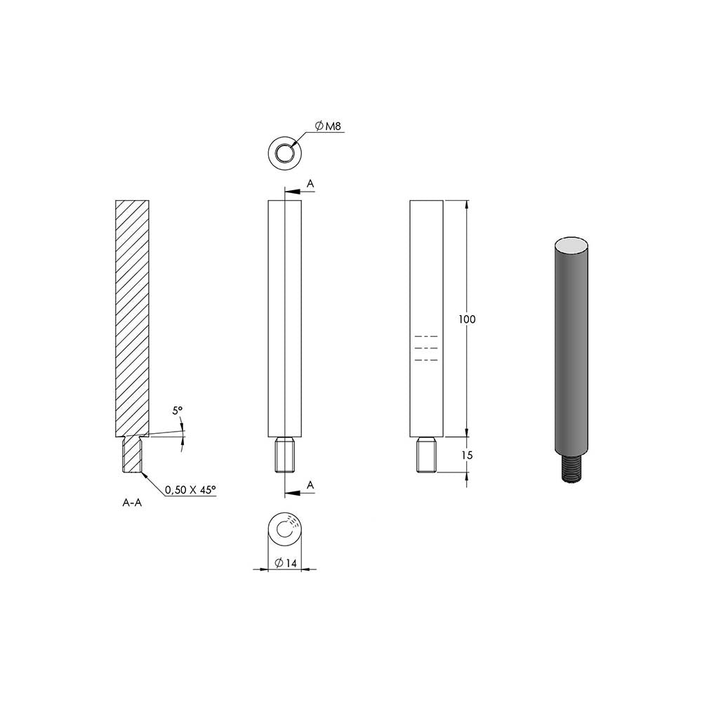 ø 14mm Stift, mit M8 x 15mm Außengewinde unten, zum Anschweißen oben, Länge 100mm, aus V4A