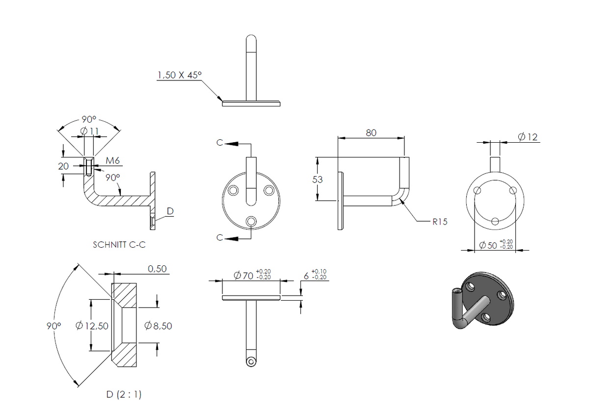 Handlaufhalter zur Wandbefestigung mit verschweißter Ronde 70 x 6mm, mit Kugelring für Rohr ø 42,4mm