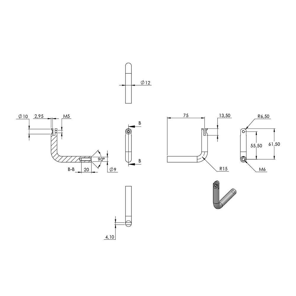 ø 12mm Bügel mit Gelenk, mit M6 x 20mm Innengewinde unten und M6 x 10mm Innengewinde oben