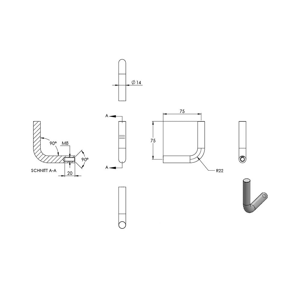 ø 14mm Bügel, mit M8 x 20mm Innengewinde unten und zum Anschweißen oben, in V4A